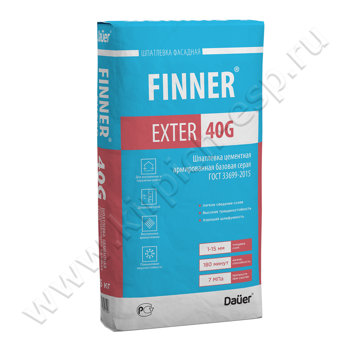 FINNER EXTER 40 G Шпатлевка цементная армированная базовая серая 25 кг