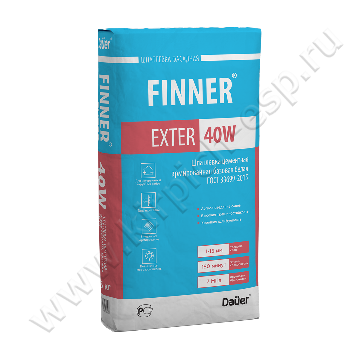 FINNER EXTER 40 W Шпатлевка цементная армированная базовая белая 25 кг