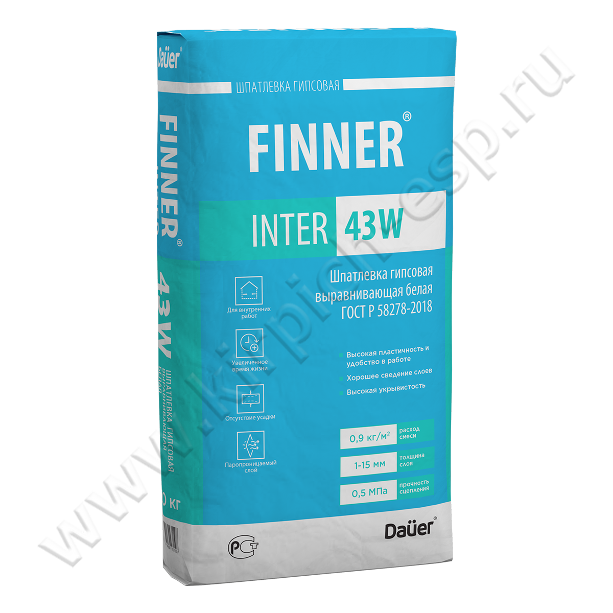 FINNER INTER 43 W Шпатлевка гипсовая выравнивающая белая 20 кг